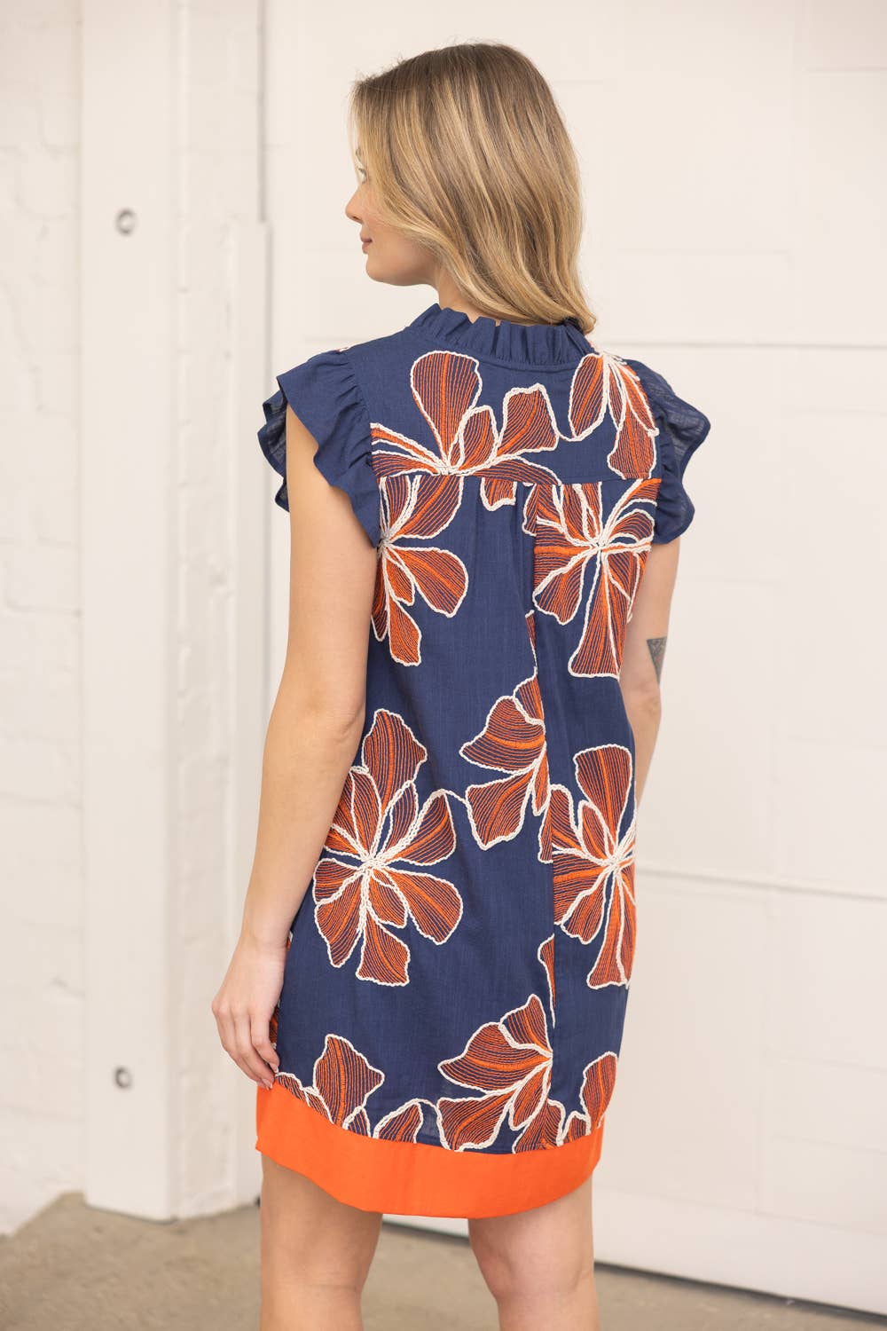 Ruffled V Neck Floral Embroidered Shift Dress