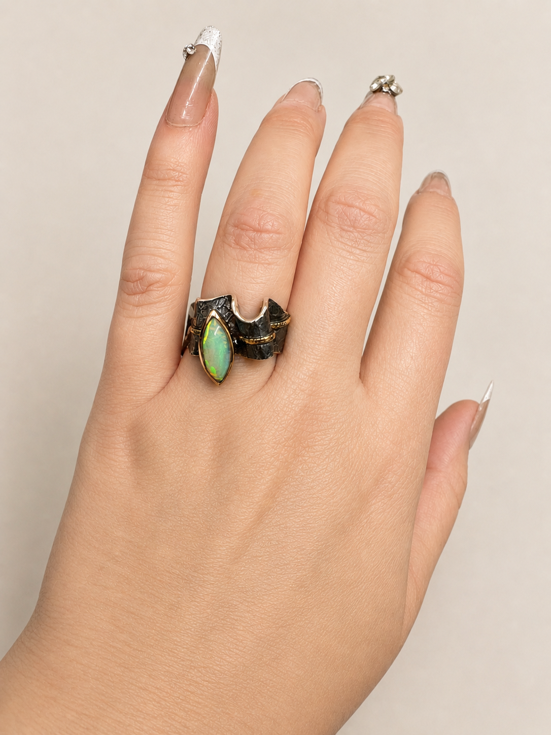 Opal Oxidized Silver & Bronze Ring -Size 7.5
