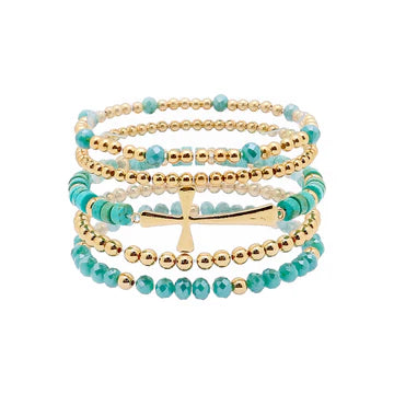 Turquoise, Gold & Crystal Cross Stretch Bracelet Set