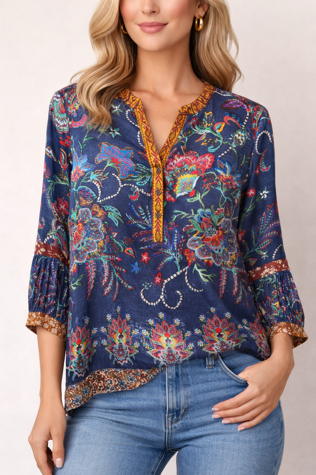 John Mark Mix Print Button Up Y-Neck Tunic