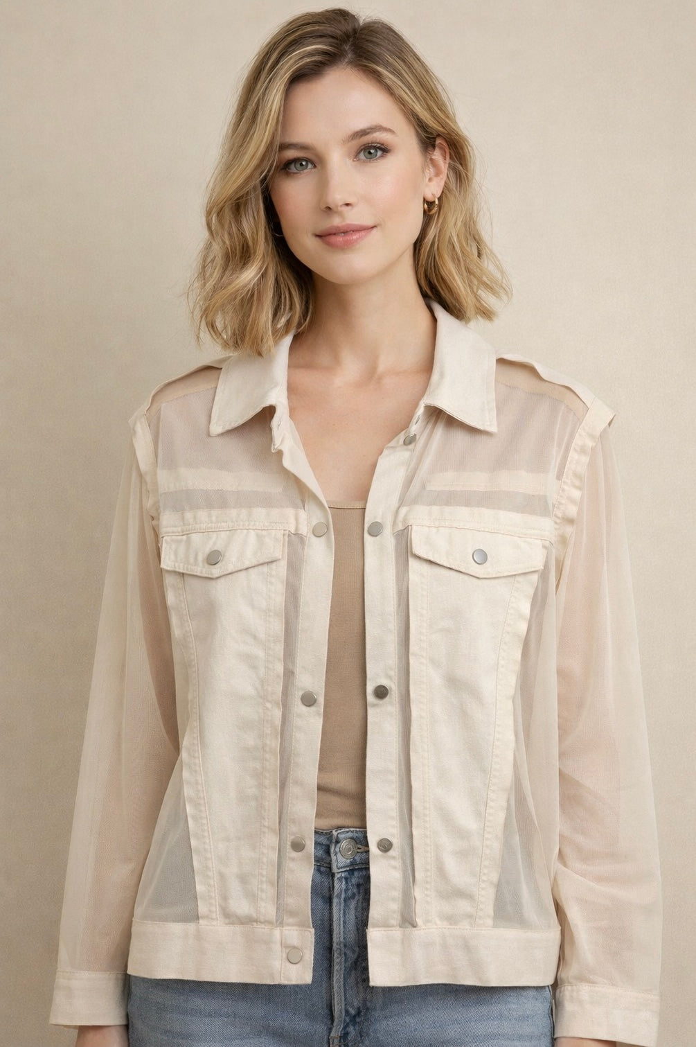 Ivory Faux Suede & Mesh Jacket