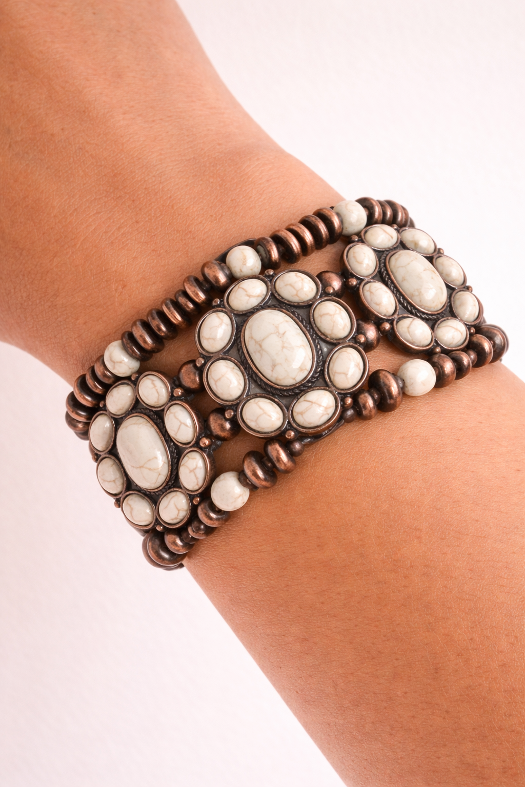 White Buffalo Stone Cluster Concho Bracelet Stack