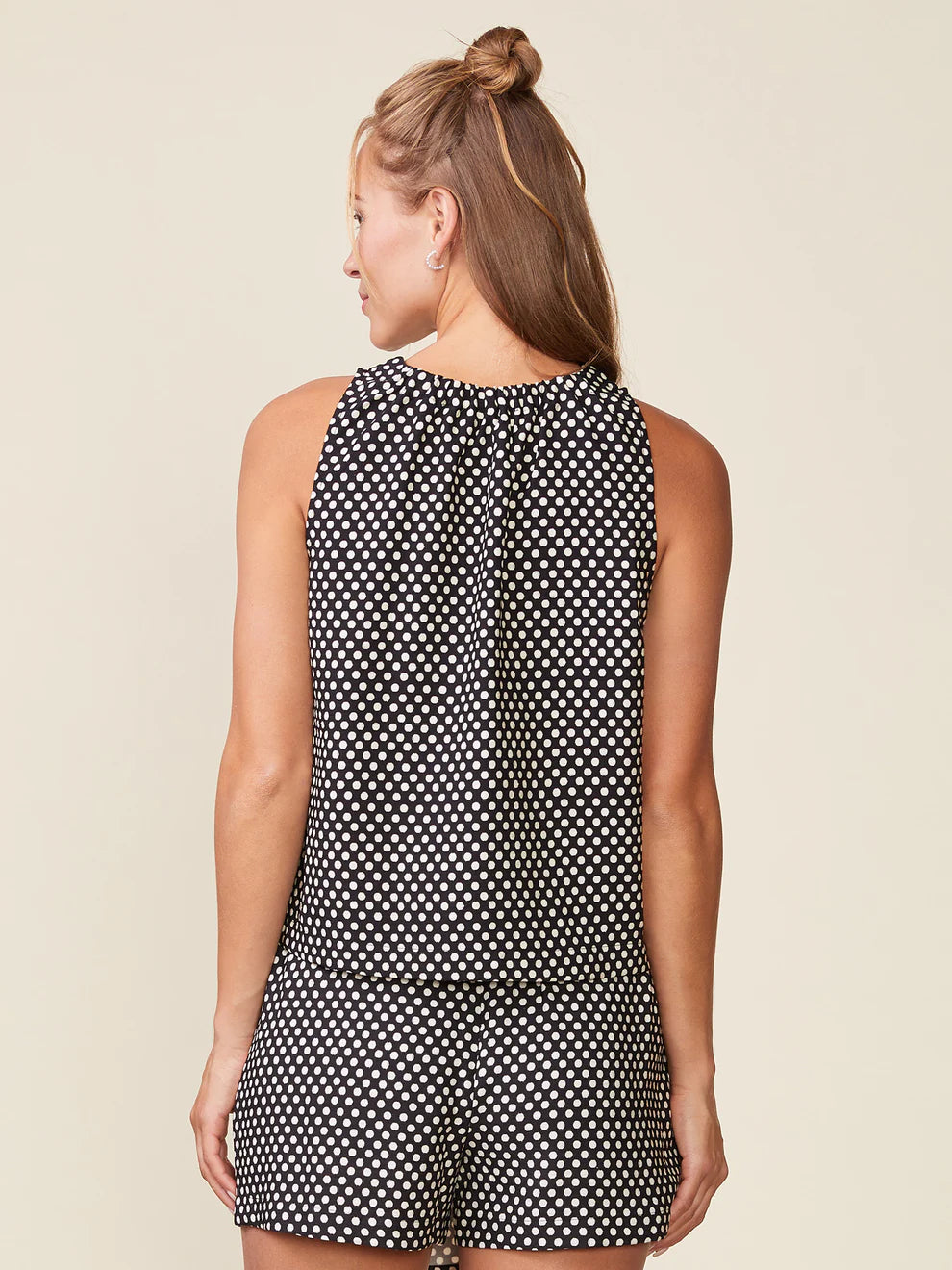 Black Sleeveless Polka Dot Gathered Neck Top and Skort Set