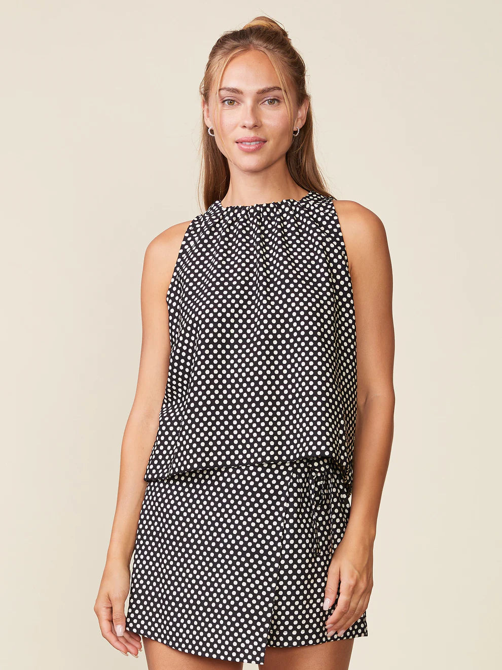 Black Sleeveless Polka Dot Gathered Neck Top and Skort Set