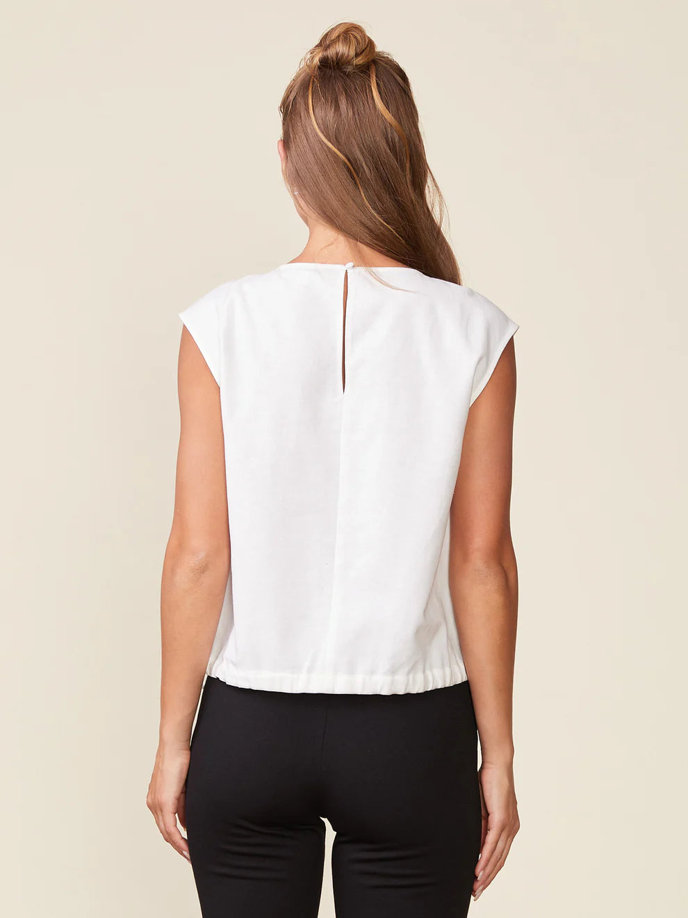 White Linen Blend Sleeveless Shirred Top with Ties