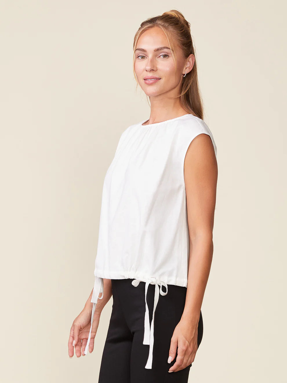 White Linen Blend Sleeveless Shirred Top with Ties