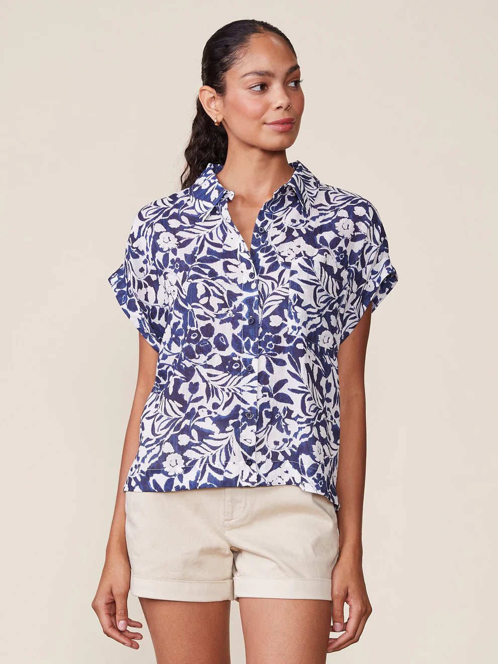 Navy Printed Button Down Top