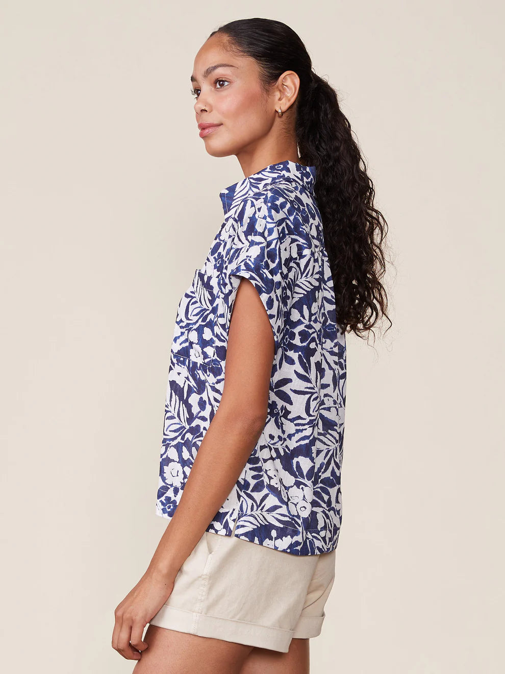 Navy Printed Button Down Top