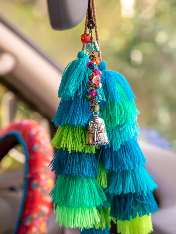 Natural Life Blessing Bell car charm with beaded vegan leather hanger — view 4