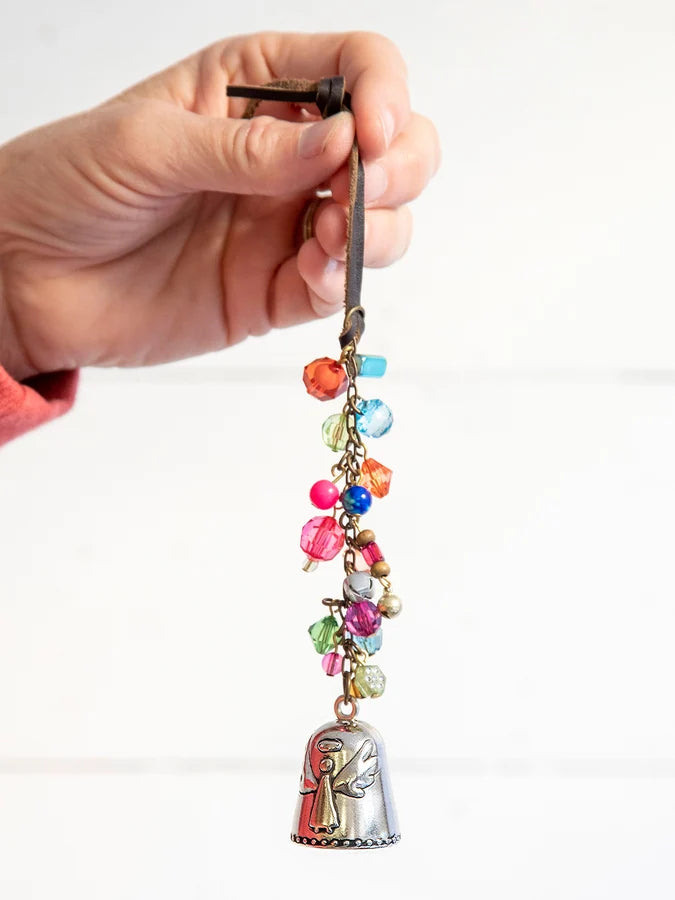 Natural Life Blessing Bell car charm with beaded vegan leather hanger — view 5