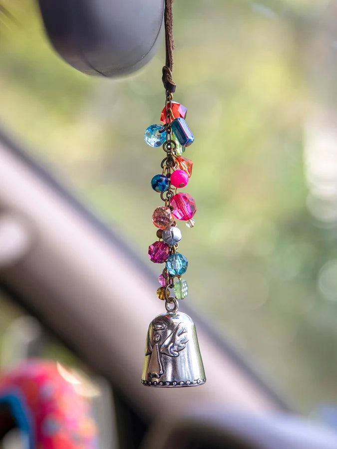Natural Life Blessing Bell car charm with beaded vegan leather hanger