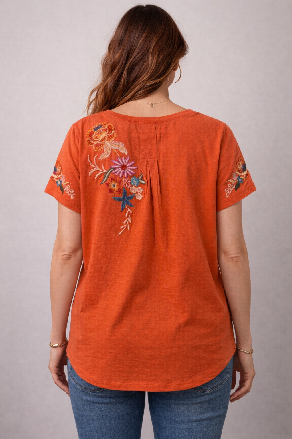 Orange Vneck Floral Embroidered Tee