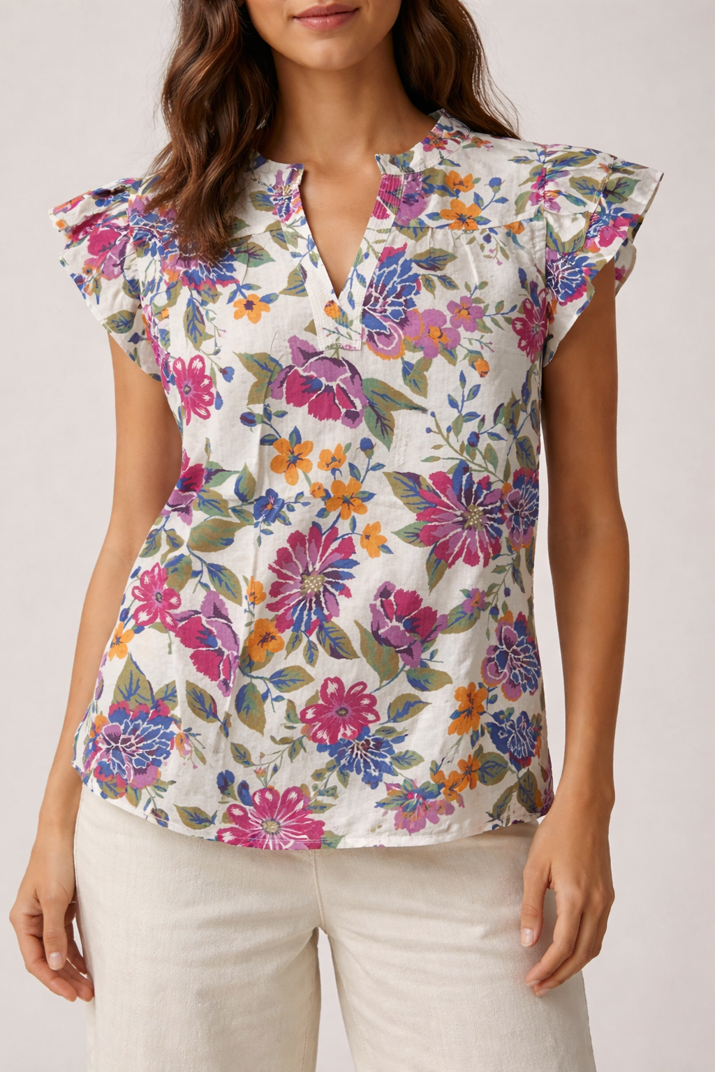 Pink Flutter Sleeve Floral Vneck Top