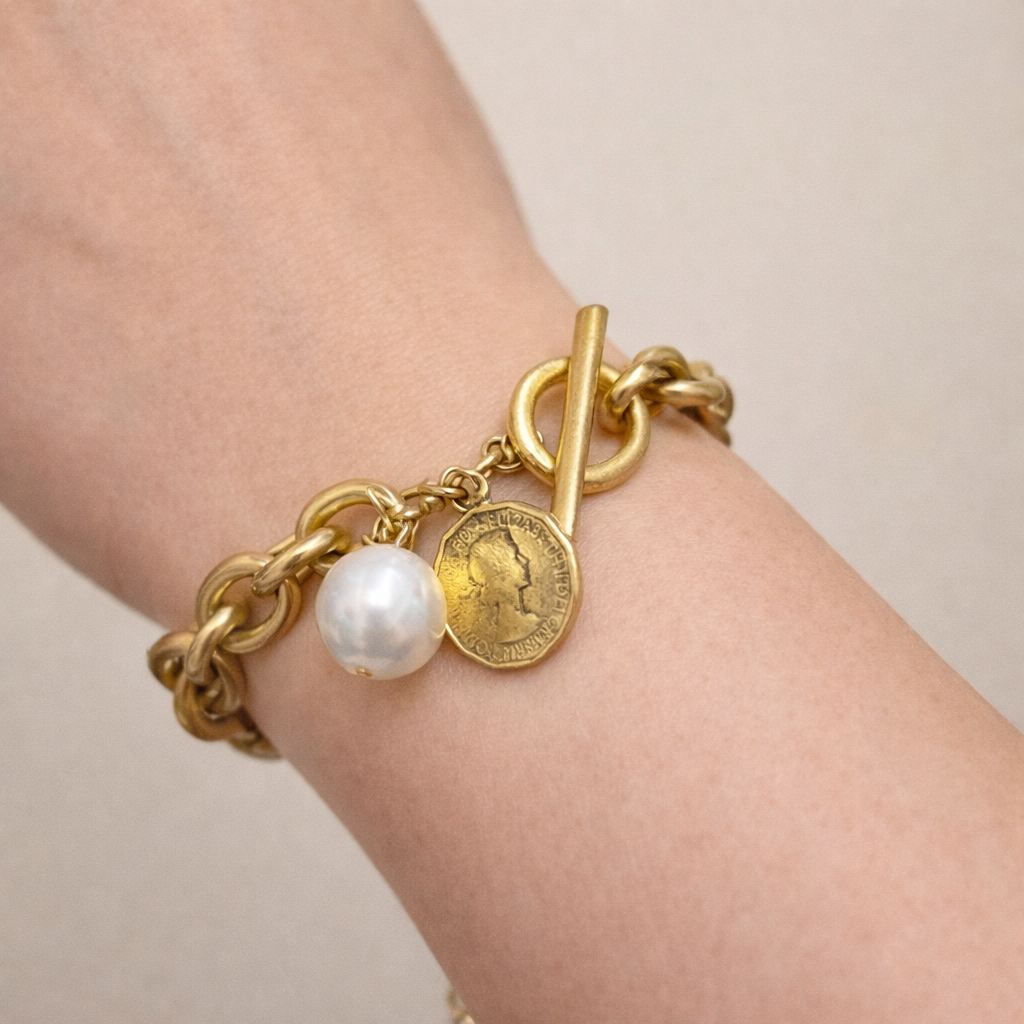 Gold Link Pearl Toggle Coin Bracelet
