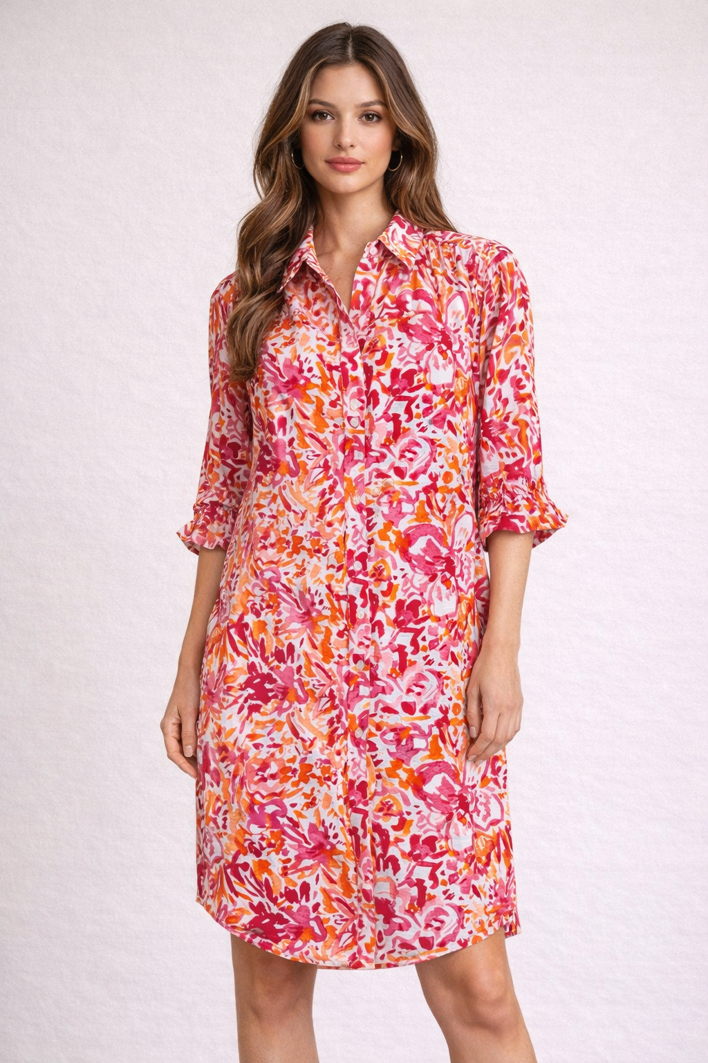 Red & Pink Watercolor Button Front Dress