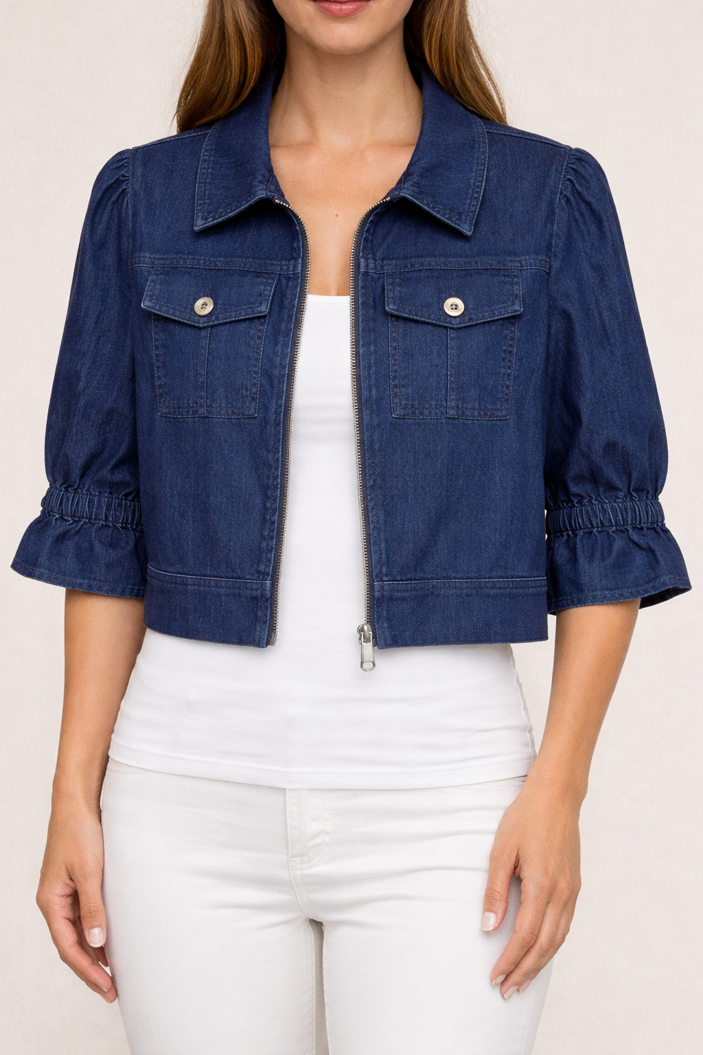 Boho Chic Elbow Puff Sleeve Dark Denim Zip Jacket