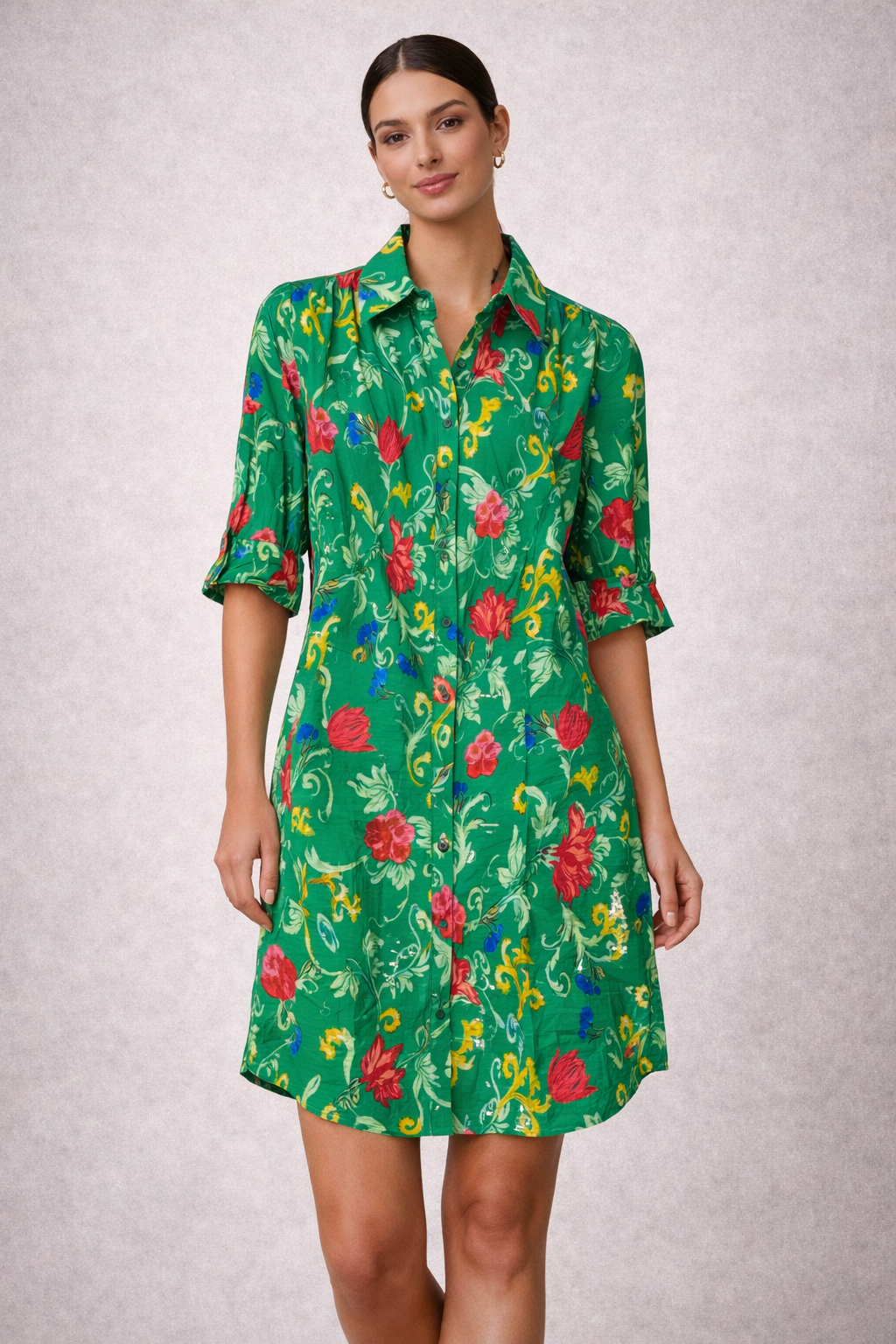 Green Floral Button Front Shirt Dress