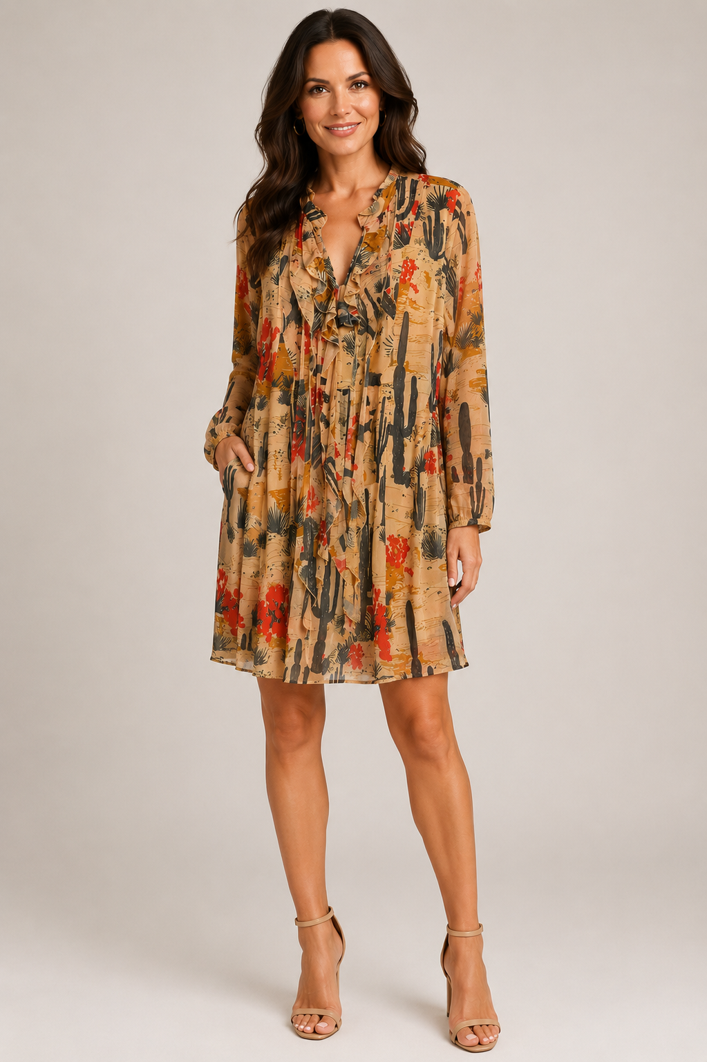 Cactus print sheer mesh long sleeve dress