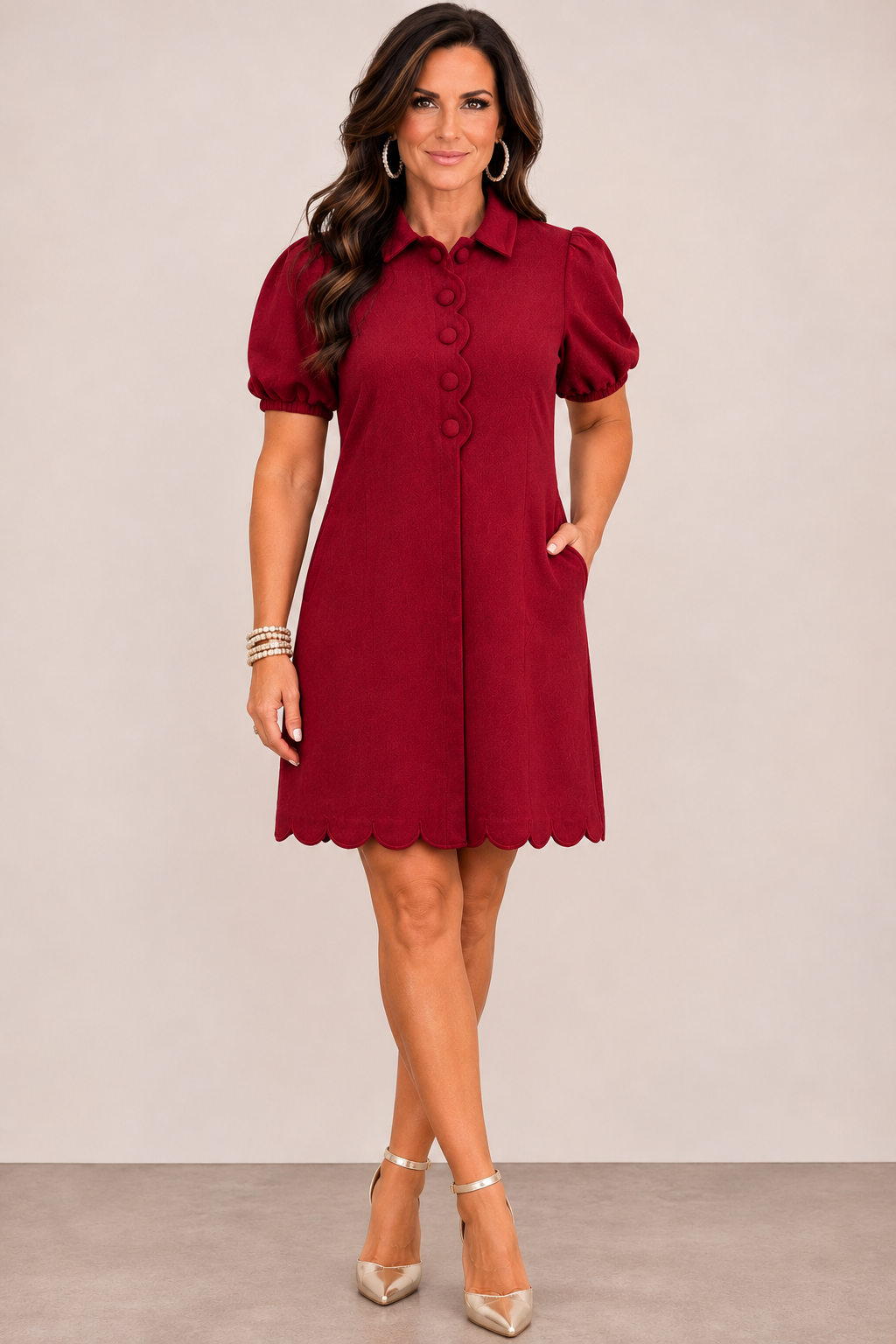 Burgundy Scallop Hem Puff Sleeve Dress