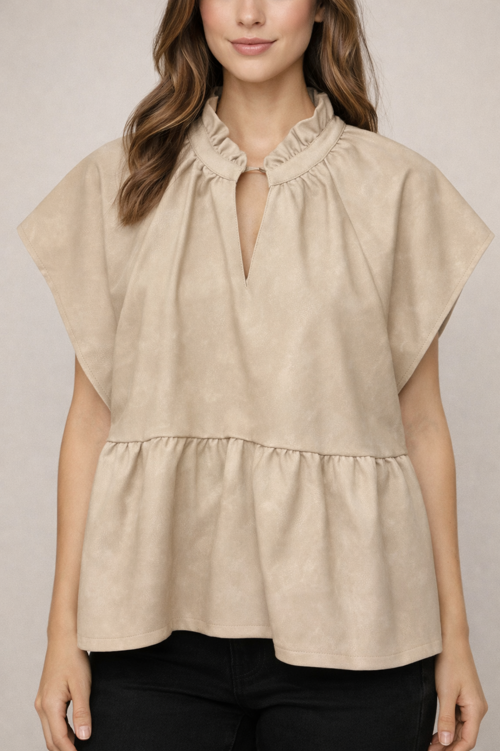 Beige Short Sleeve Leather Vneck Top