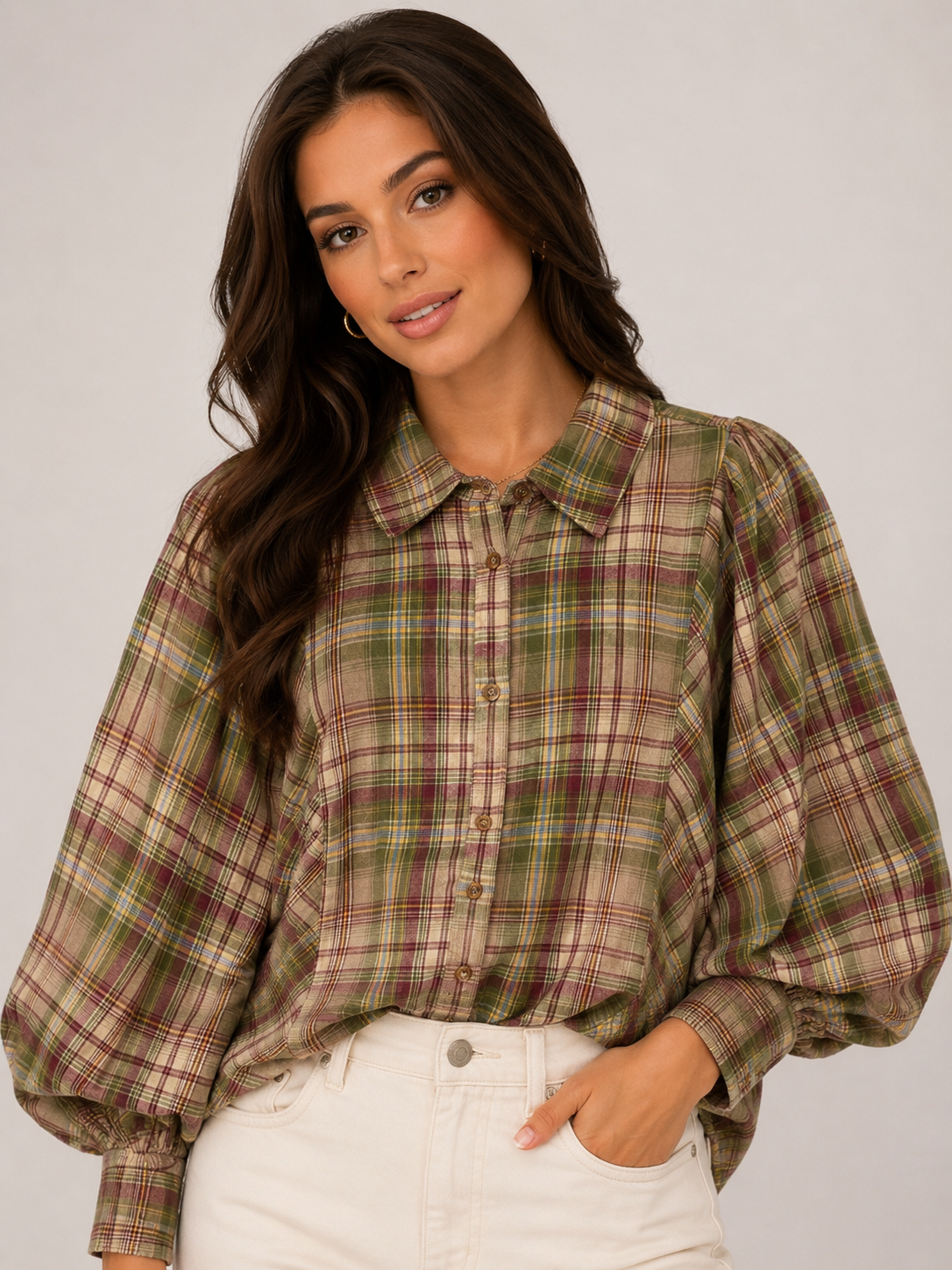 Green Plaid Button Front Balloon Sleeve Top