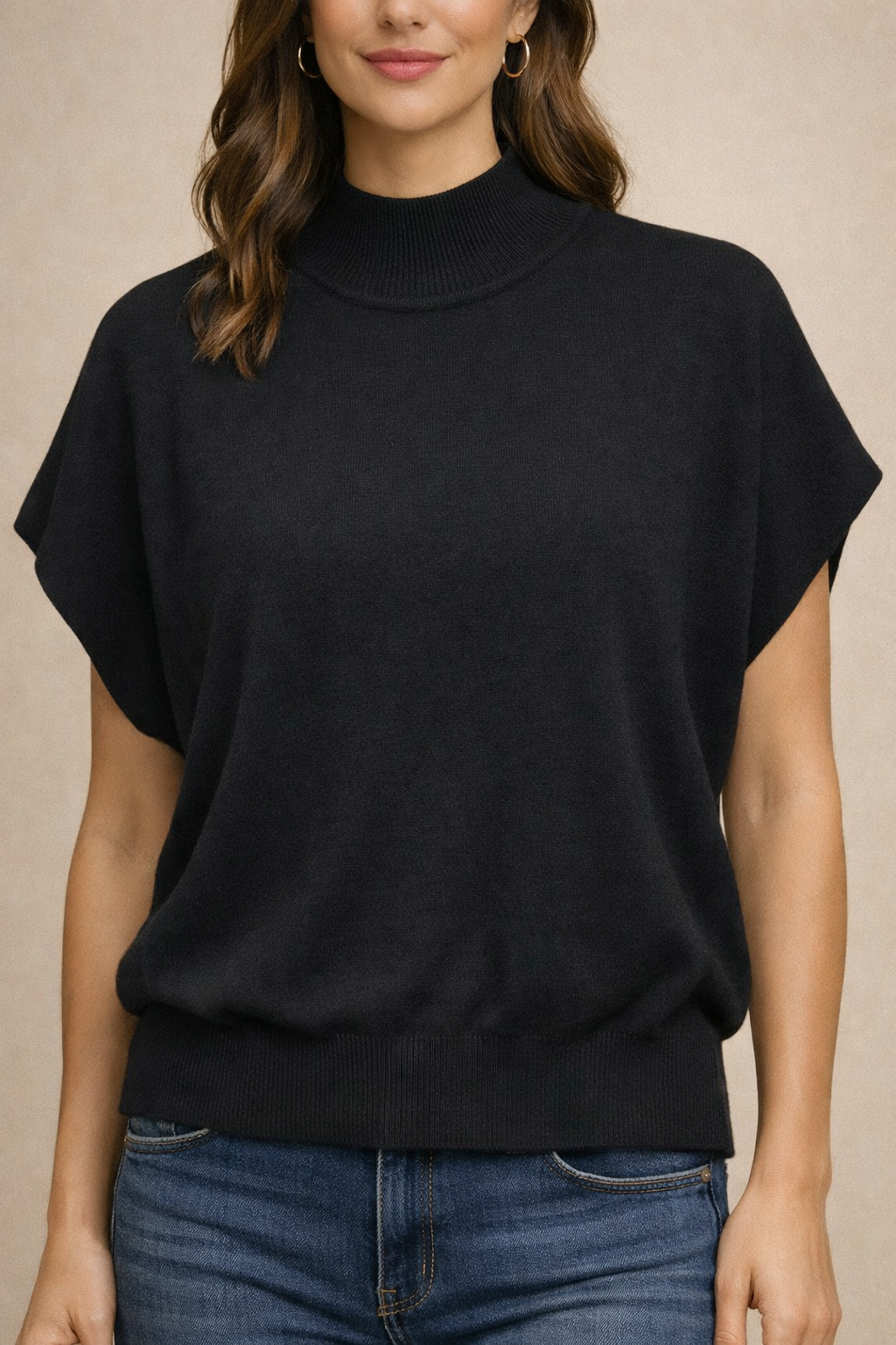Mock Neck Short Sleeve Top - Black