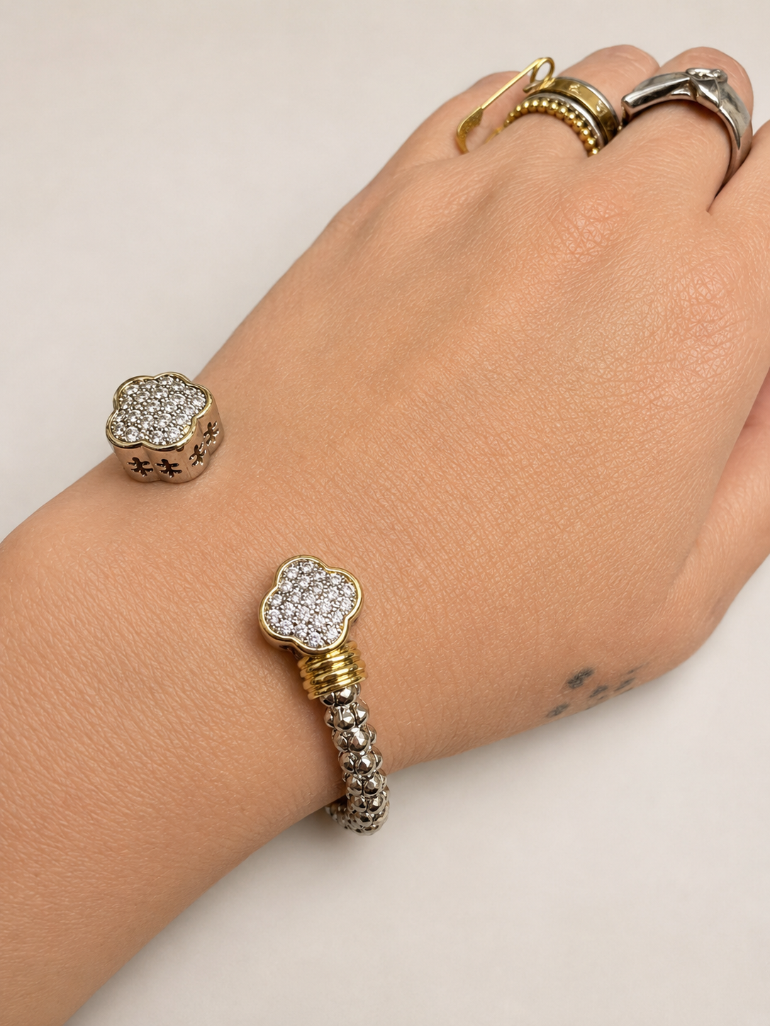 Pave Clover Two Tone Cuff Bracelet