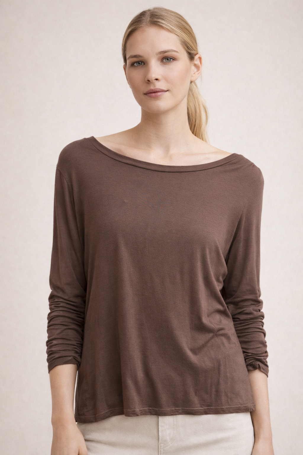Ruched Sleeve Basic Top - Cocoa