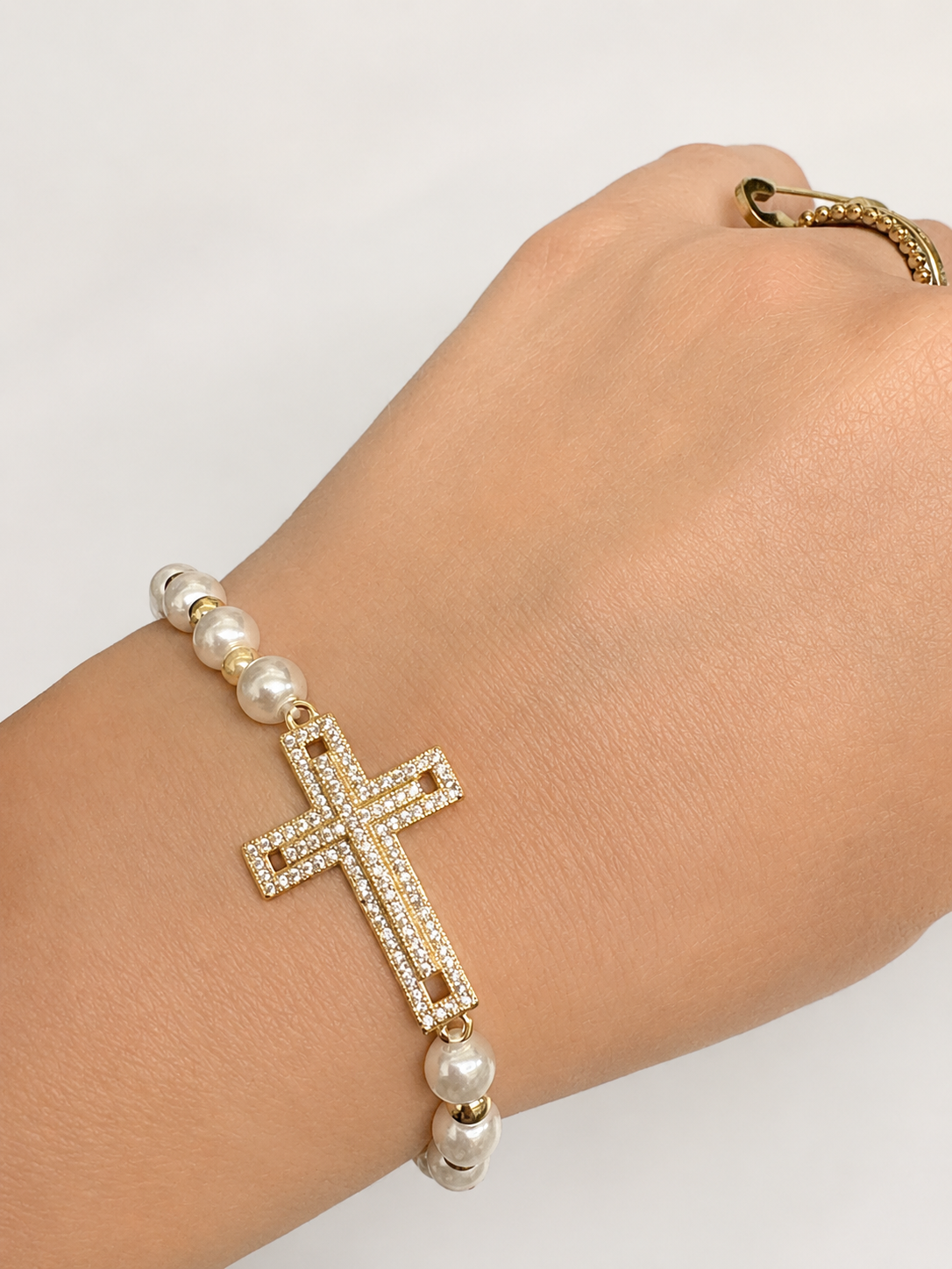 Pearl Beaded Pave Cross Bracelet