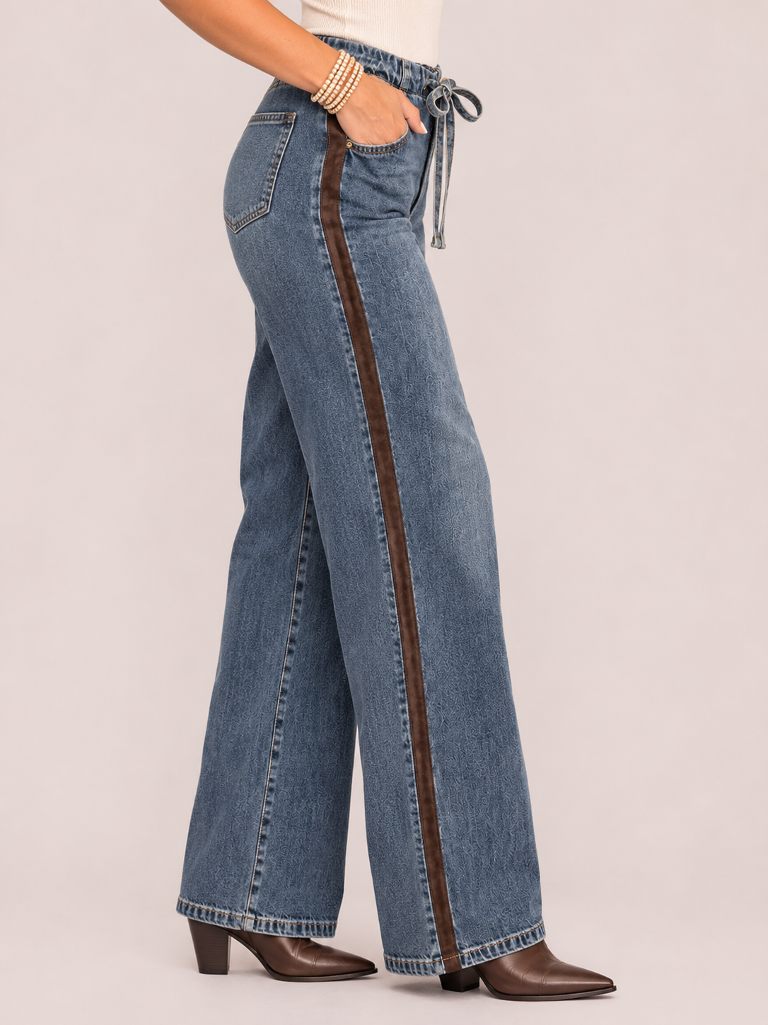 Suede Trim Tie Front Denim Pants