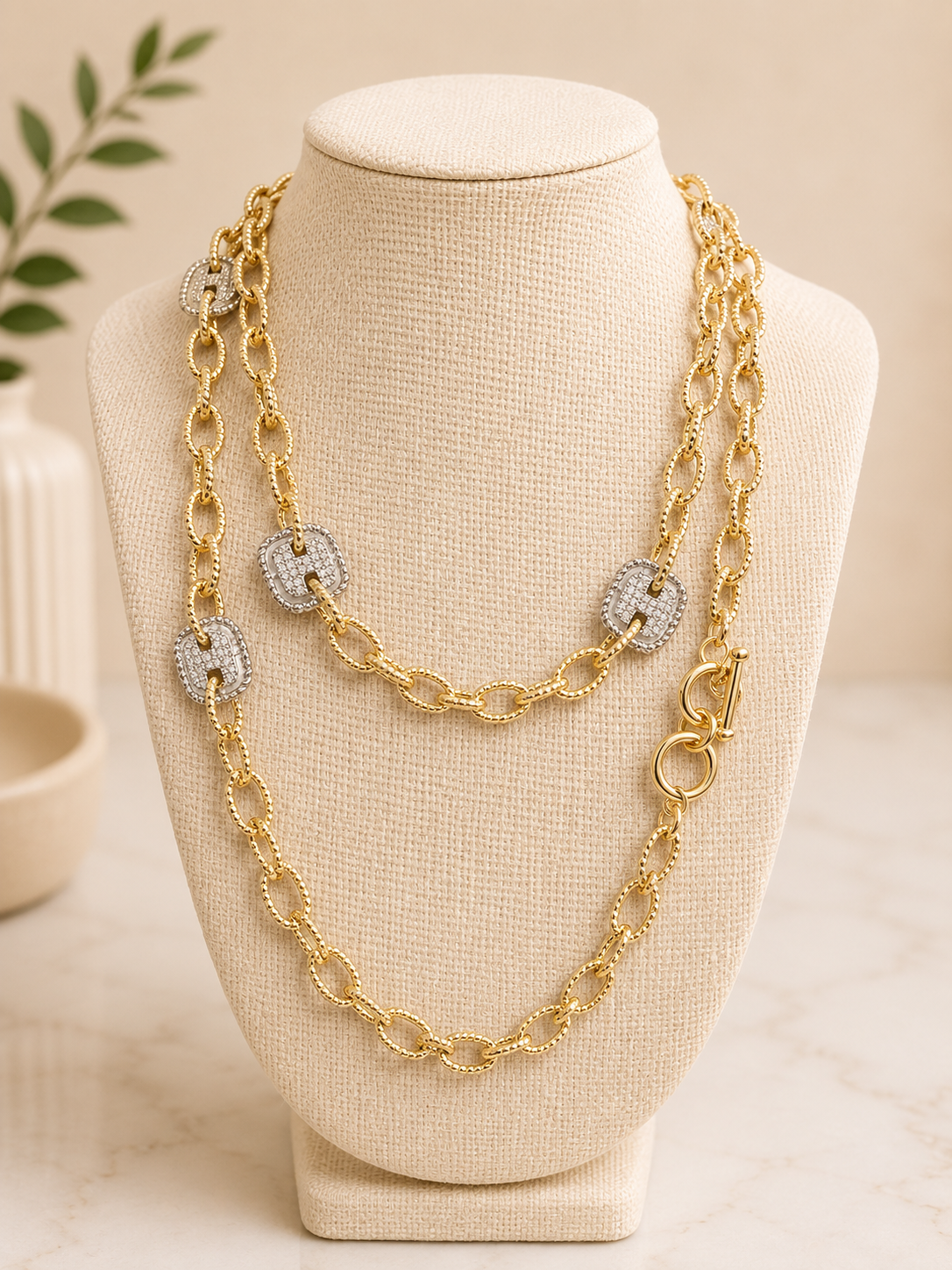 Gold Links Long Length Necklace with Pave Squares
