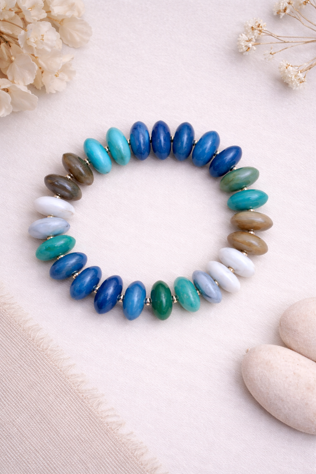 Blue Multi Resin Flat Beaded Stretch Bracelet
