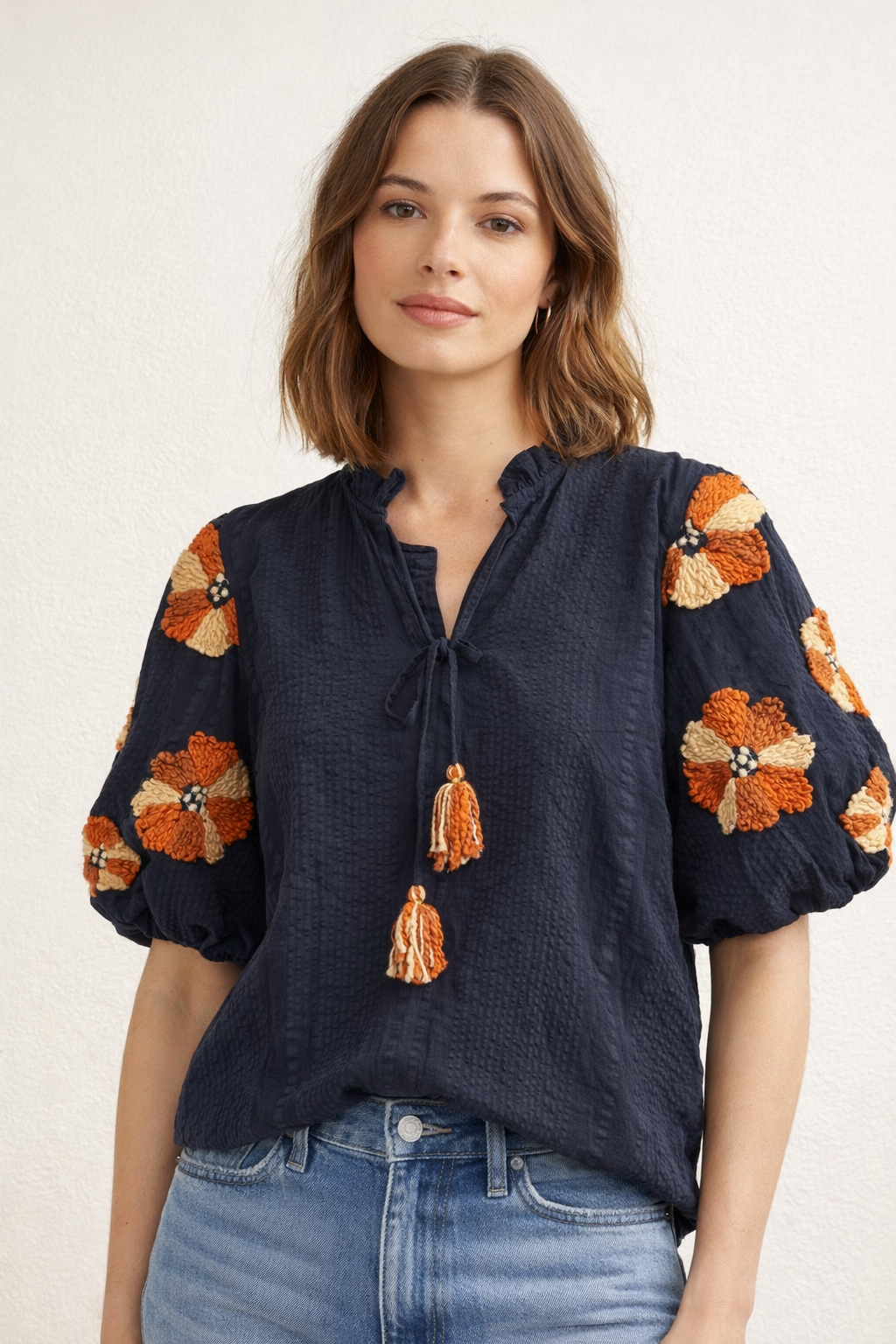 Navy & Rust Embroidered Puff Sleeve Tassel Top