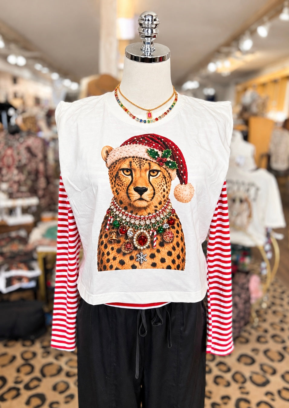 Jeweled Collar Santa Hat Leopard Tee