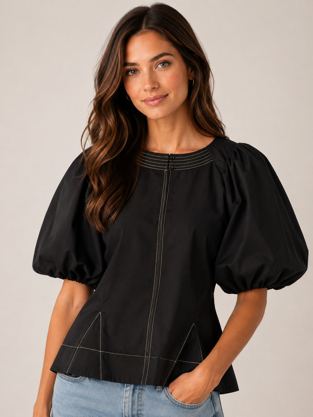Black Puff Sleeve Stitching Top