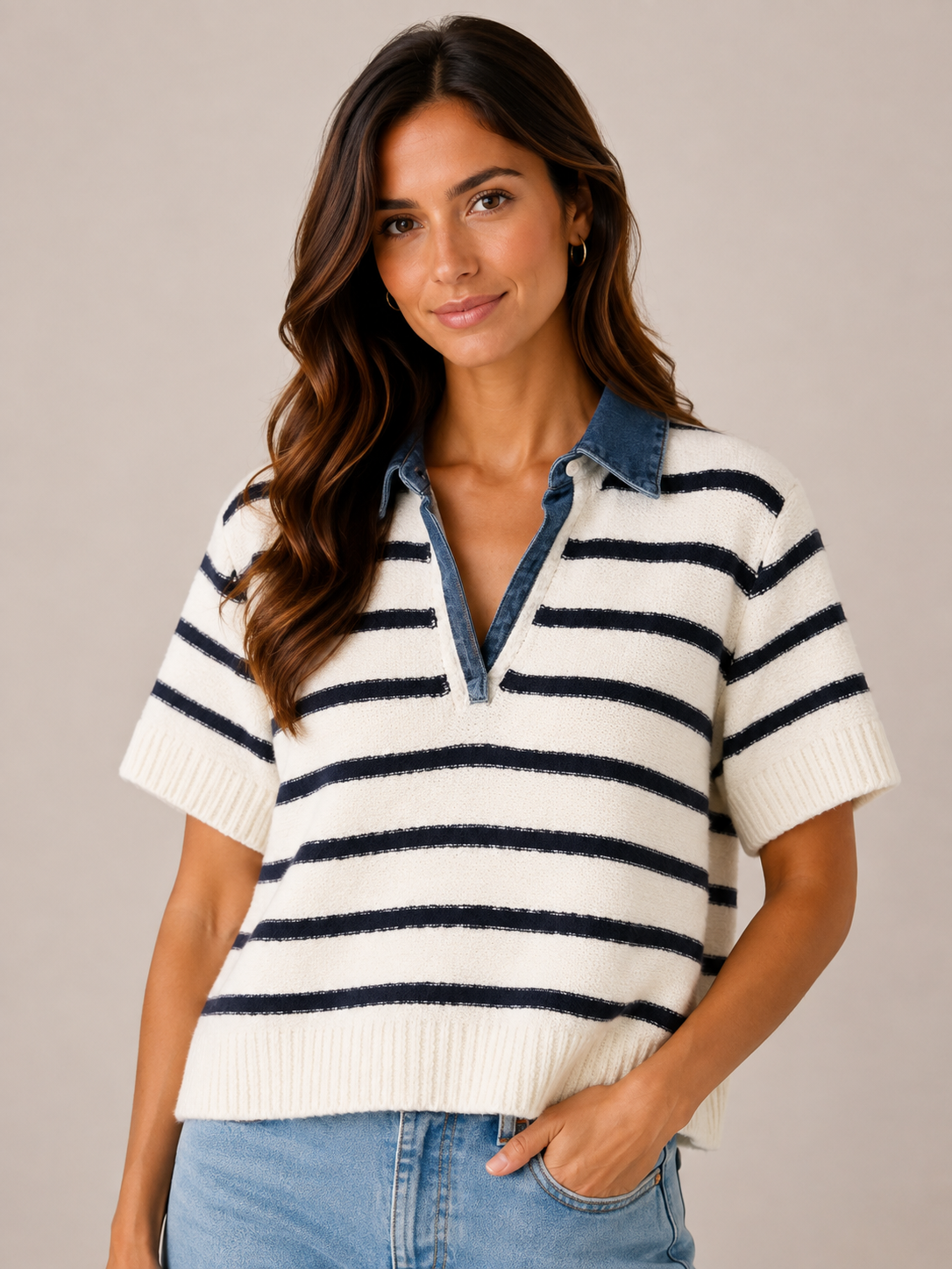 Denim Color Stripe Sweater Top