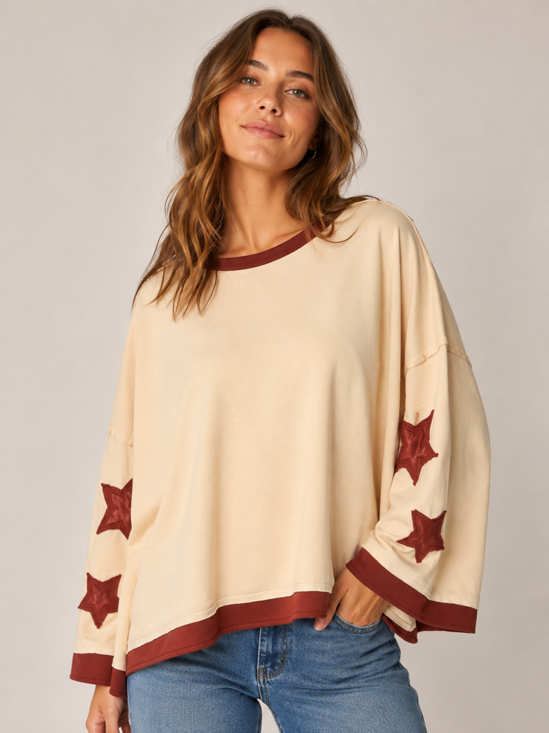 Oatmeal French Terry Top With Patch Detail