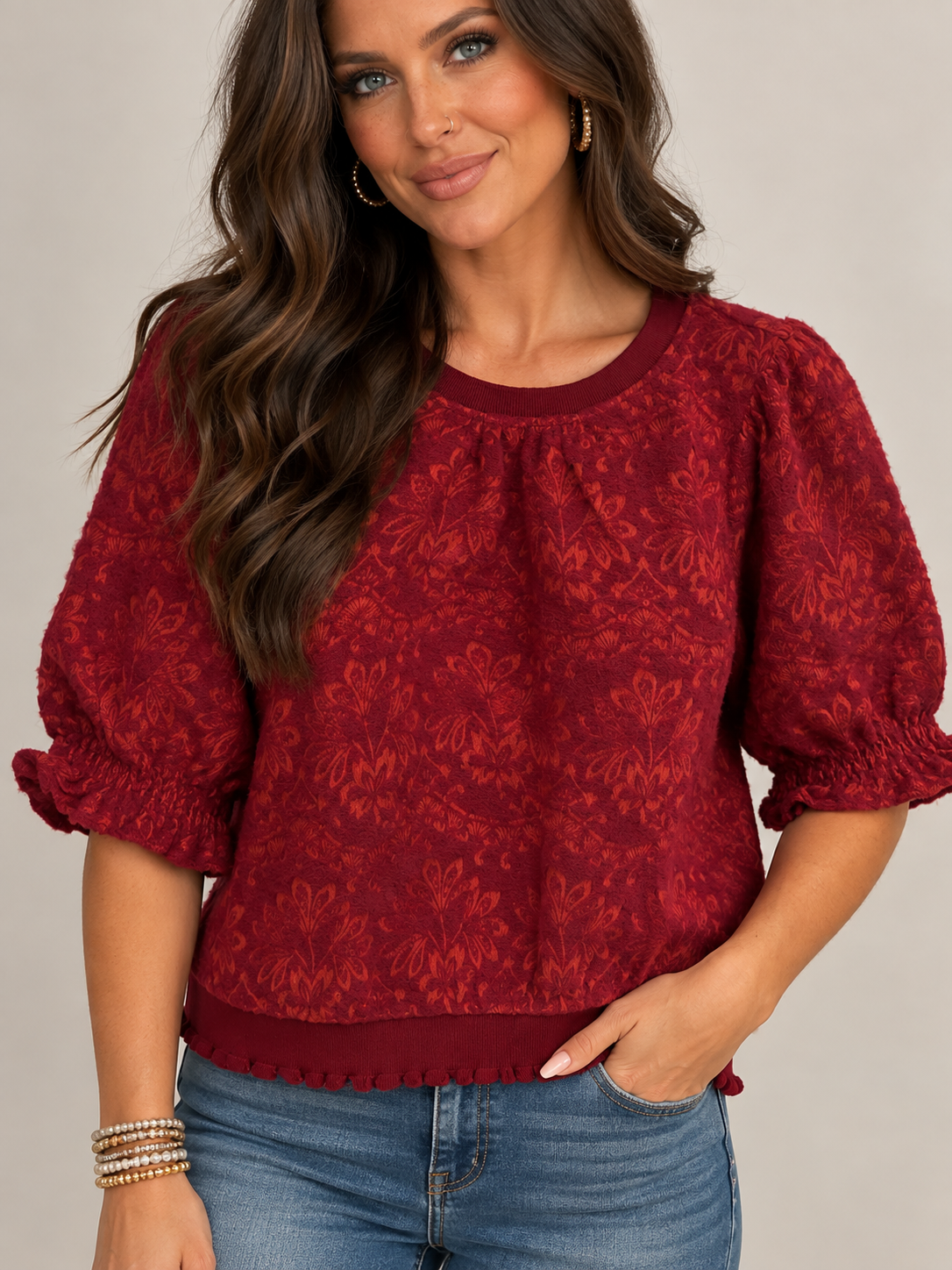 Burgundy Floral Embroidered Bubble Top