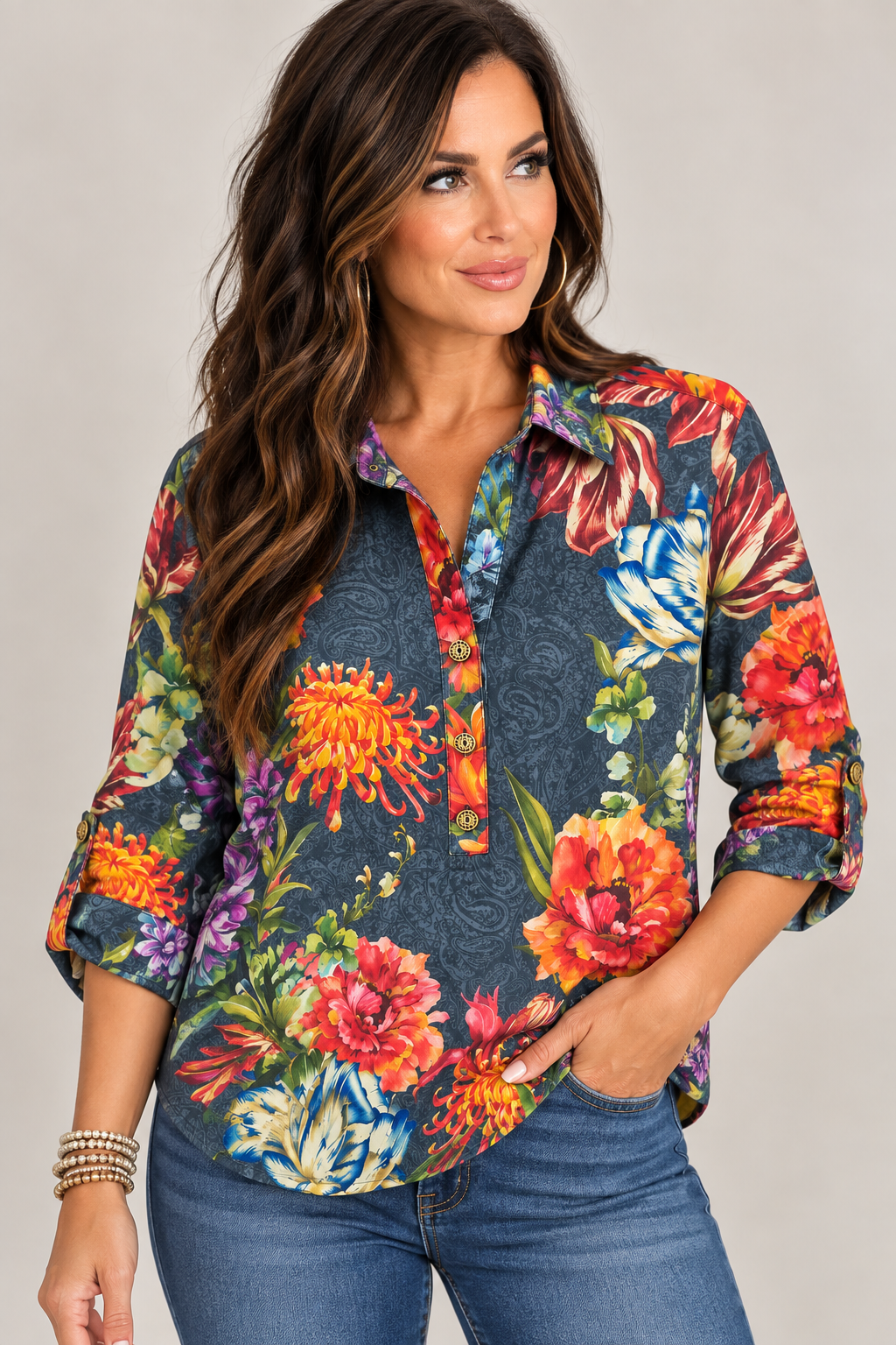 John Mark Floral Wire Collar Top