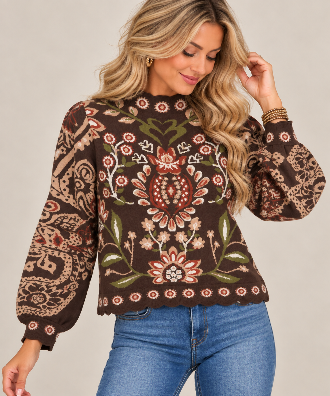 Chocolate Floral Patterned Sweater
