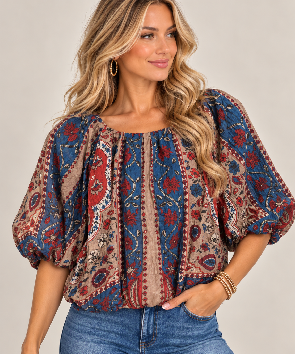 Blue Printed Bubble Top
