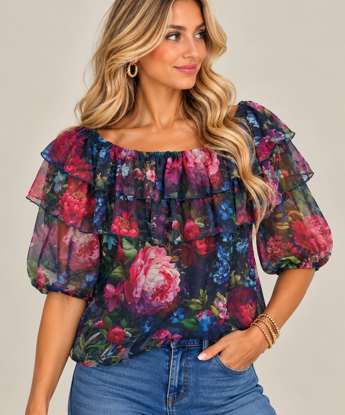 Floral Mesh Ruffle Peasant Top