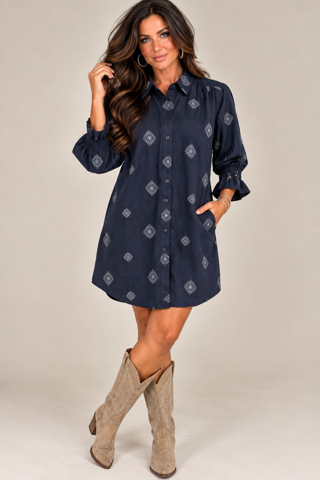Navy Suede Concho Button Front Shirt Dress