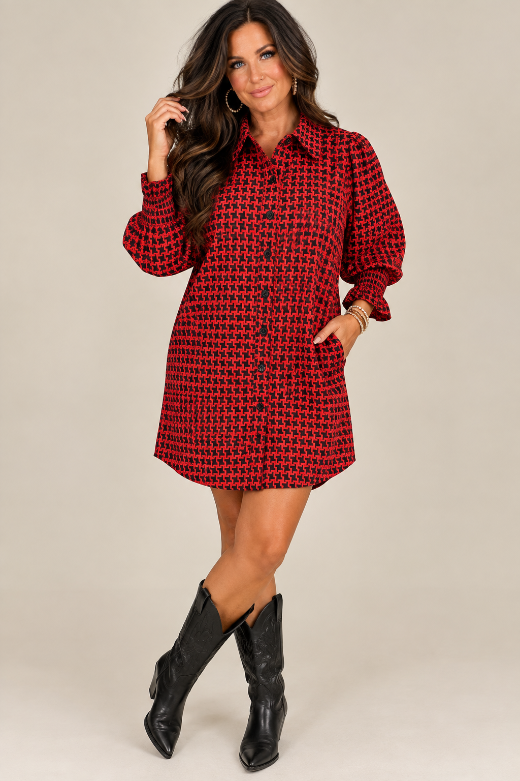 Red Houndstooth Button Front Shirt Dress