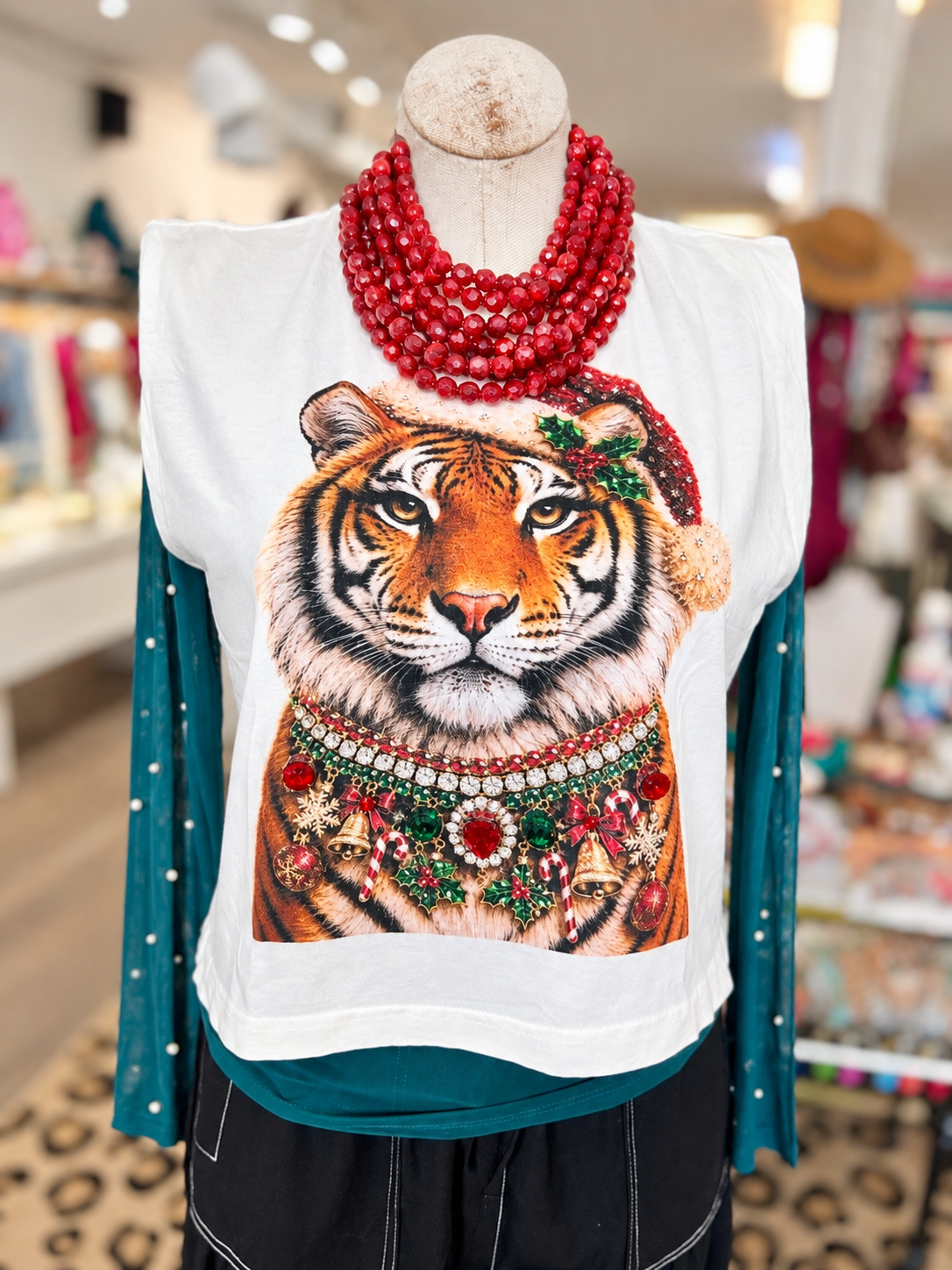 Jeweled Collar Santa Hat Tiger Tee