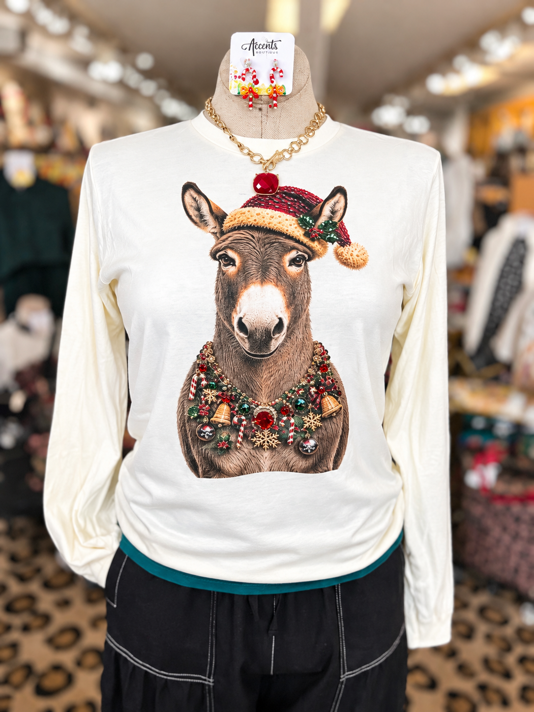 Jeweled Collar Santa Hat Donkey LS Tee