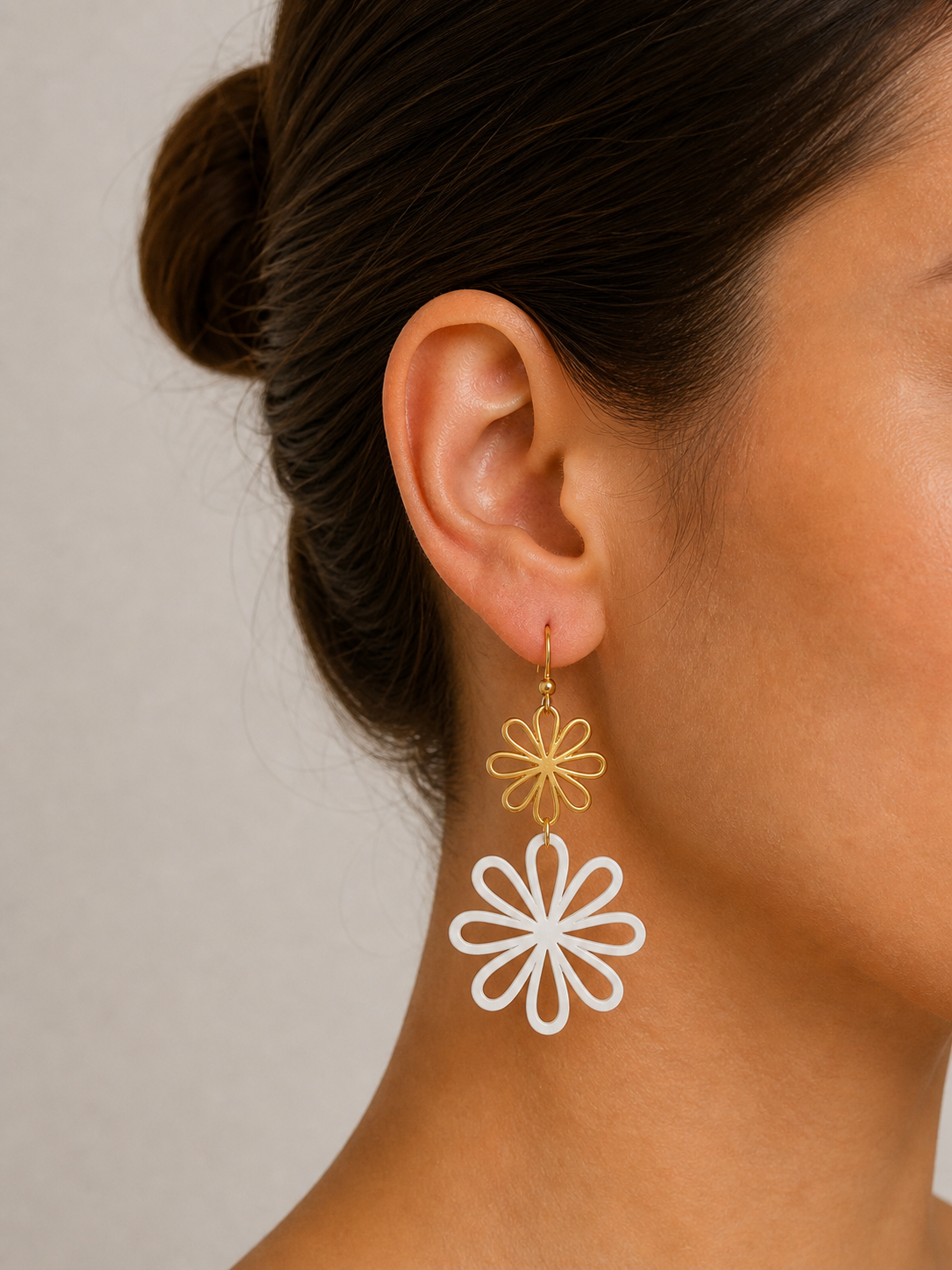 Gold Enamel Flower Drop Earrings