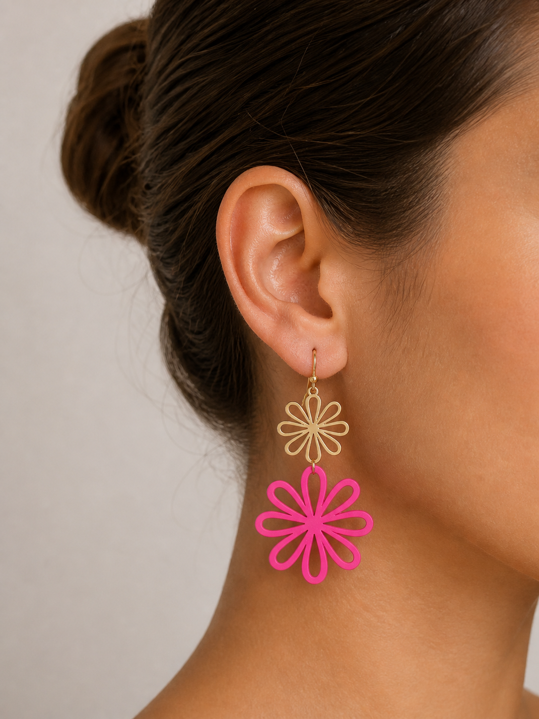 Gold Enamel Flower Drop Earrings
