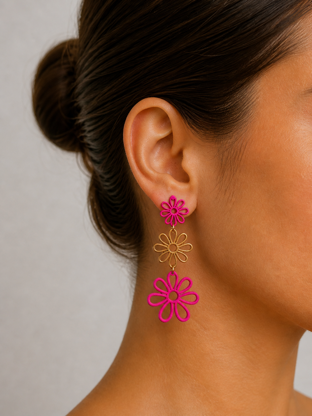 Gold Enamel Triple Flower Drop Earrings