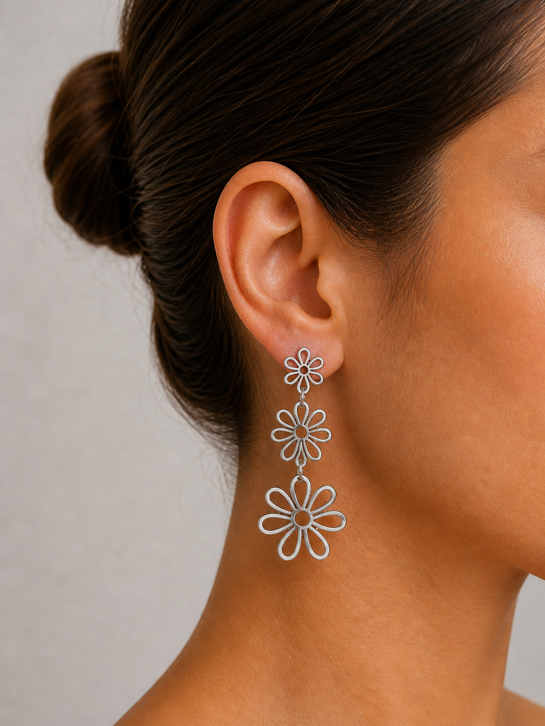 Gold Enamel Triple Flower Drop Earrings